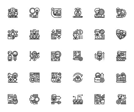 Growth Hacking icon set. Minimalist vector icons pack. Featuring brainstorming, customer, product development, goal, social media, conversion rate, startup, seo, activation, and more.