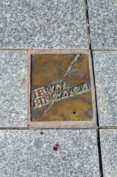 Miedzyzdroje, Poland - May 3, 2026: Memorial plaque off Jerzy Binczycki at Walk of Fame, Promenade of Stars (Promenada Gwiazd). Jerzy Binczycki was a Polish actor.