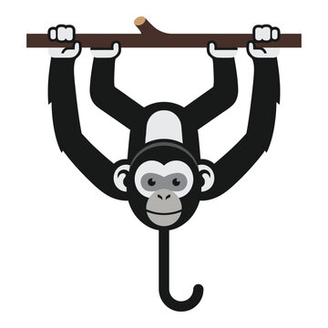 Cartoon monkey hanging from a brown tree branch upside down smiling icon