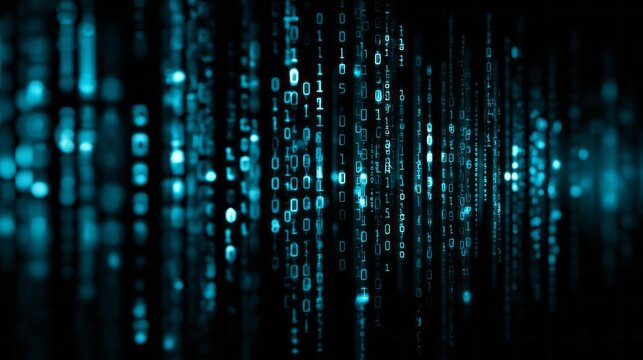 Cyan binary code cascades down a dark digital screen.