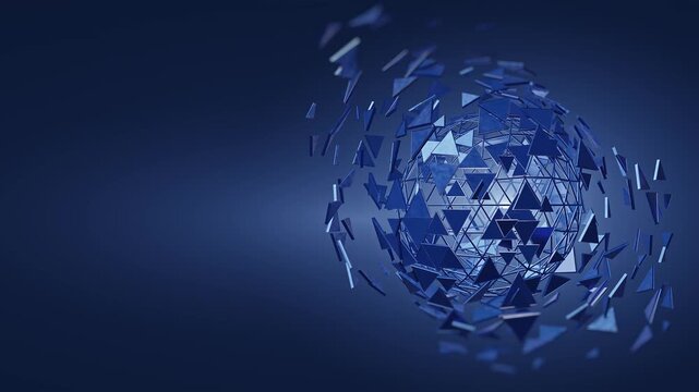 3D blue low poly triangle sphere exploding with scattered shards on a dark navy blue background with copy space on the left. Perfect for technology, business, science, and presentation concepts.