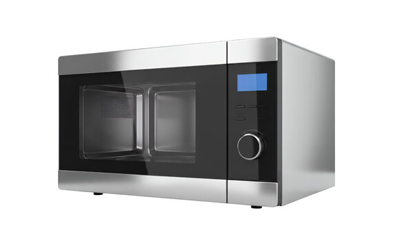 Modern stainless steel microwave oven, sleek silver kitchen appliance with digital display, professional electric microwave for home cooking isolated on Transparent Background