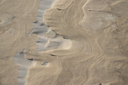 A natural sandy background with soft wavy patterns created by the wind on the surface of the beach. Minimalist natural texture in warm beige shades for design, backgrounds and photo stocks. High