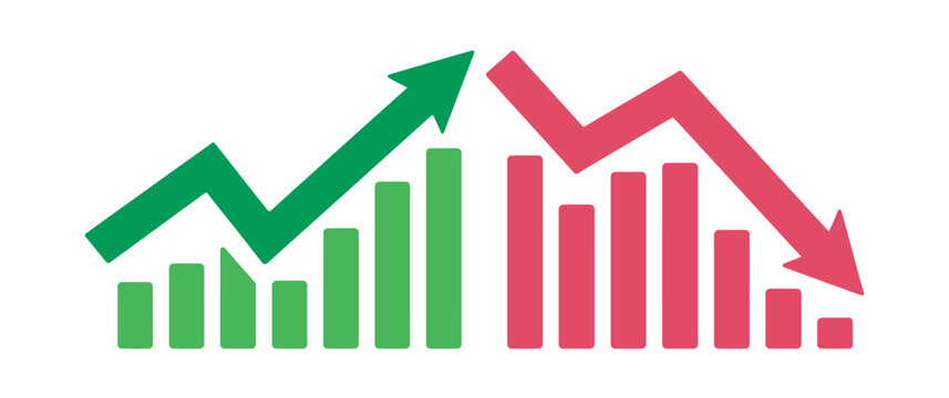 Financial growth and decline bar charts with green and red arrows for business analysis