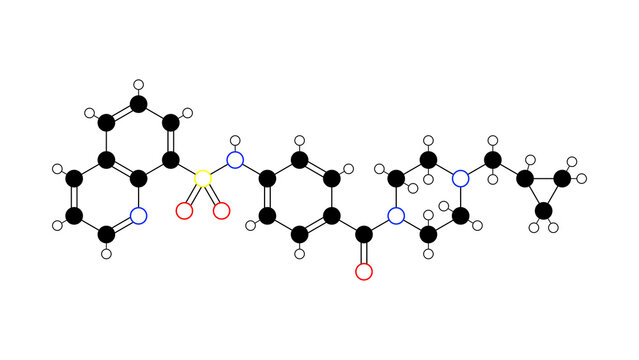 mitapivat molecule, structural chemical formula, ball-and-stick model, isolated image pyruvate kinase activator