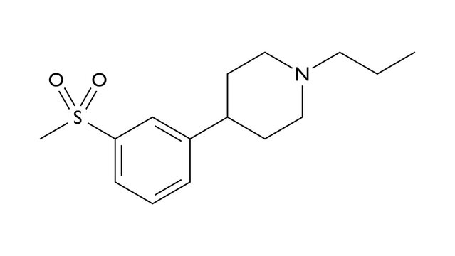 pridopidine molecule, structural chemical formula, ball-and-stick model, isolated image neuroprotective agent