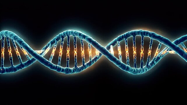Rotating blue and gold dna helix with glowing genetic code