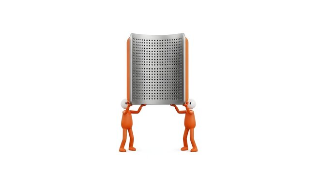 Two tiny orange figures lifting a large metal kitchen grater