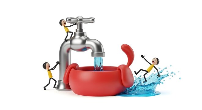 Tiny figures struggling with a leaking faucet and splashing water