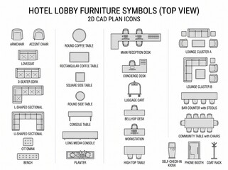 Naklejka premium Top view architectural hotel lobby furniture symbols set. 