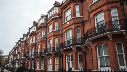 Fototapeta premium Row of traditional British red brick townhouses with white windows and black railings on balconies.