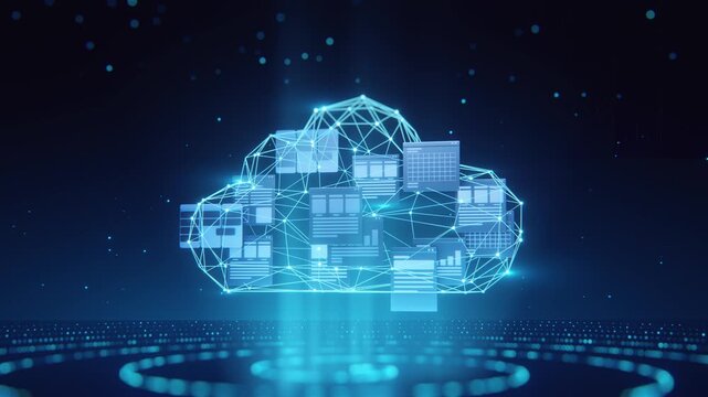 3D documents and digital screens in a glowing cloud wrapped in wireframe network lines on dark blue background with floating data particles. Ideal for cloud storage, document management, and data