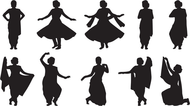 Silhouettes of traditional Indian dancers performing various classical and folk dance poses.