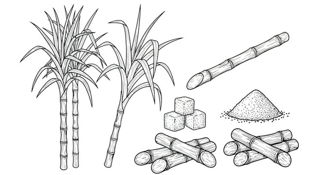Illustration showing sugarcane plants, stalks, cut pieces, sugar cubes, and granulated sugar pile, representing sugar production process.