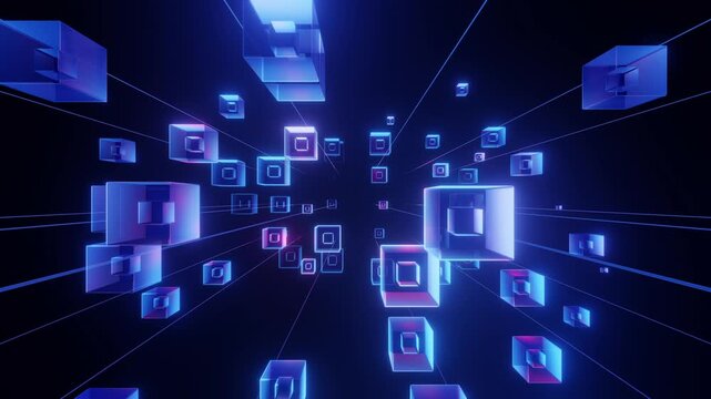 3D glowing blue and pink transparent cubes floating in space with perspective grid lines on dark background. Perfect for blockchain, metaverse, technology, gaming, and digital concept videos.