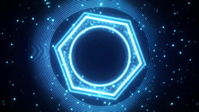 High quality 4K seamless background loop of a futuristic hexagonal HUD hologram. Radiant neon cyan and blue concentric lines undulate like quantum wave frequencies around a rotating hexagonal core, fr