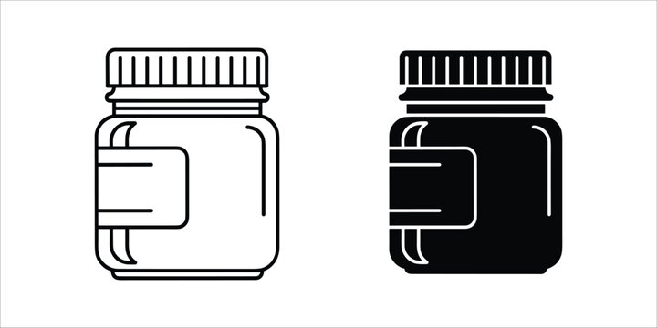 Black and white illustrated pill bottle with cap and label