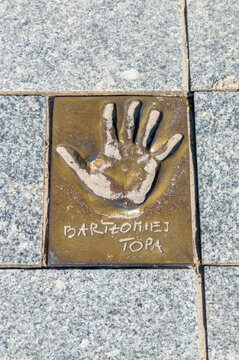 Miedzyzdroje, Poland - May 3, 2026: Handprint and signature of Bartlomiej Filip Topa at Walk of Fame, Promenade of Stars (Promenada Gwiazd). Bartlomiej Topa is a Polish actor.