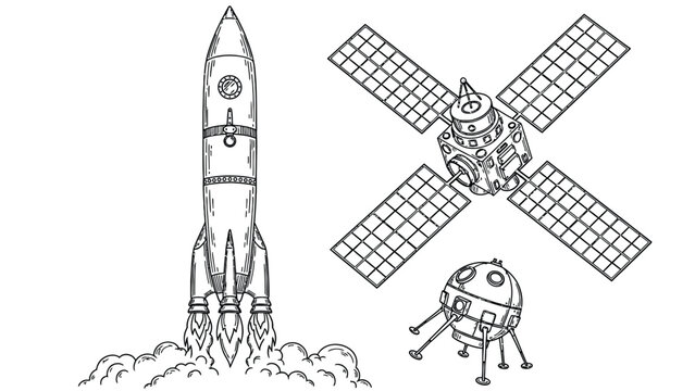 Line art drawing of rocket launching into space with exhaust smoke next to orbiting satellite and capsule on white background.