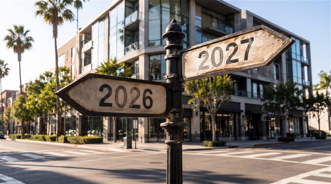 2026 and 2027 Direction Signs Showing Choice and Future Planning