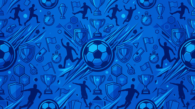 A dynamic blue background with a seamless pattern of soccer elements, including players in action, trophies, and flags, creating a vibrant sports-themed graphic resource.