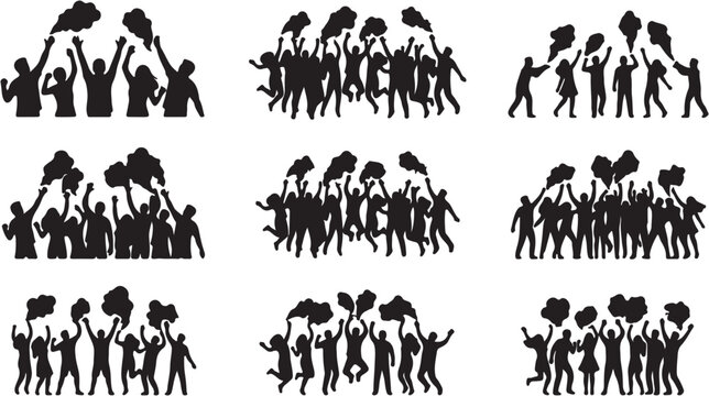 Cheerleaders in various poses silhouette crowd.