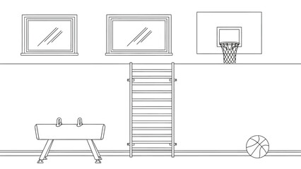 Gym equipment outline on blank white wall background featuring wall bars athletic buck and basketball hoop vector illustration for sports coloring book page design. © hossain