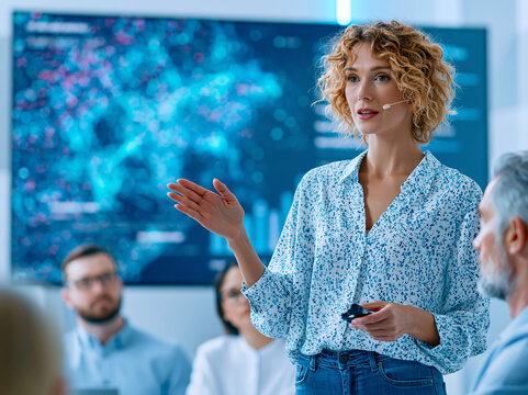 Business meeting takes place in an office with a woman presenting data in front of colleagues in a modern setting