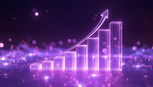 Rising 3D statistics graph with glowing bars and curved arrow