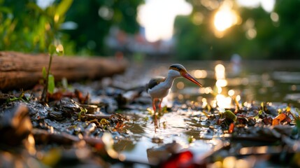 Naklejka premium Elegant crane bird walking through muddy mangrove shoreline at sunset with shimmering water and foliage backdrop