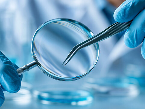 Scientist uses magnifying glass and tweezers for detailed examination in laboratory setting