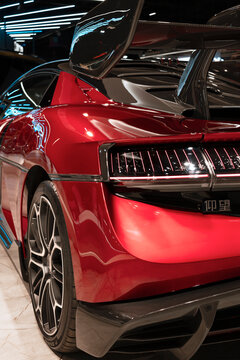 Detail of a BYD Yangwang U9 on display at an automotive event in the city of S&atilde;o Paulo, Brazil.