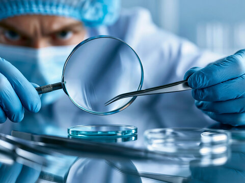 Scientist examines sample in laboratory with tools and magnifying glass while wearing gloves and mask