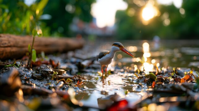 Elegant crane bird walking through muddy mangrove shoreline at sunset with shimmering water and foliage backdrop