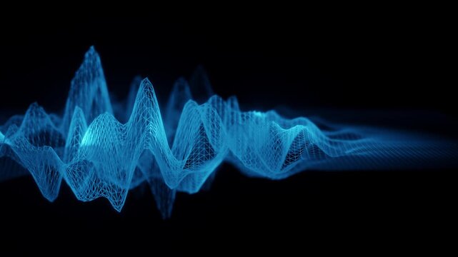 Glowing blue wireframe sound wave on black background. Abstract 3D mesh waveform representing digital signal, data flow, and futuristic technology for science, music, and innovation design concepts.