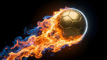 Fototapeta premium Metallic soccer ball with golden glow and flame trail on black background, suitable for sports, soccer, and competitionthemed designs.
