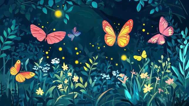 Enchanted garden with colorful butterflies and fireflies Vector flat minimalistic isolated illustration