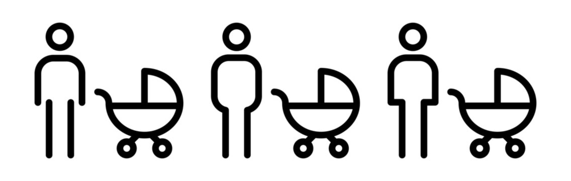 Father with baby stroller icon set. Outline pictograms of man pushing pram. Parenting and fatherhood signs for public facility navigation.
