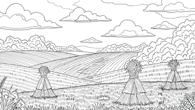 Rural countryside landscape with harvested wheat haystacks in rolling fields under cloudy sky hand drawn outline sketch of farm land for coloring activities.