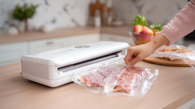 Housewife using vacuum sealer in kitchen for food packaging and long term storage, finger pressing sealing button on appliance bag system for fresh household preservation