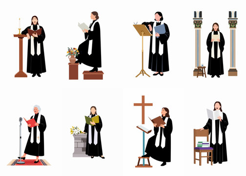 Flat vector illustrations of female pastors and ministers in liturgical robes performing various religious duties such as preaching, reading, and leading worship.
