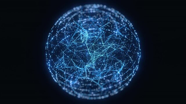 Seamlessly looping blue digital sphere made of glowing particles, dots, and connected lines rotating on dark background. Abstract 3D network ball for technology, AI, and global connection concepts.