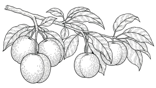 Fresh plum fruit branch with leaves botanical line art illustration for coloring book design featuring ripe stone fruits hanging on wood stem isolated white.