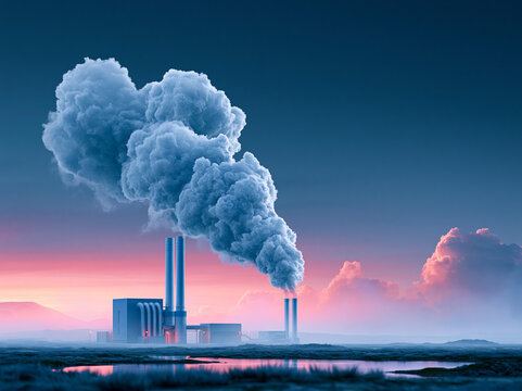 Smoke rises from factories in the distance against a colorful sky at dusk near a body of water