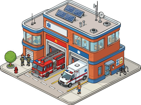 Isometric Fire Station and Ambulance Building with Emergency Vehicles