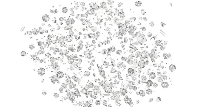 Scattered white crystalline fragments and small geometric shards floating against a solid black background, creating a textured abstract pattern
