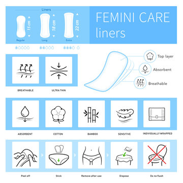 Set icons for sanitary pads. Vector illustration. Isolated on white background. It can be used in the adv, promo, package, etc. EPS10.