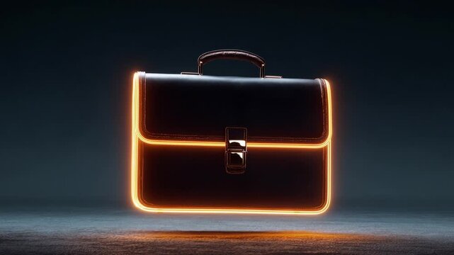 Mysterious black leather briefcase with a glowing orange neon light floating in a dark room