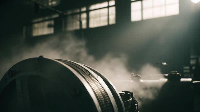 Close up view of an old rugged industrial machine with a large pulley wheel, glowing with backlighting and emitting plumes of steam in a dimly lit factory setting, conveying power and production
