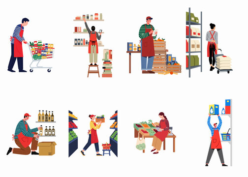 Flat Illustration of Supermarket Employees Stocking Shelves and Managing Inventory in a Grocery Store Setting